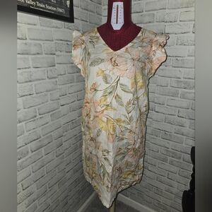 Nicole Miller Linen 100 Dress Womens S Floral Ruffle Sleeveless